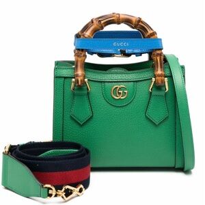 Gucci Green Leather Bamboo-Handle Top Handle Bag with Blue Accent